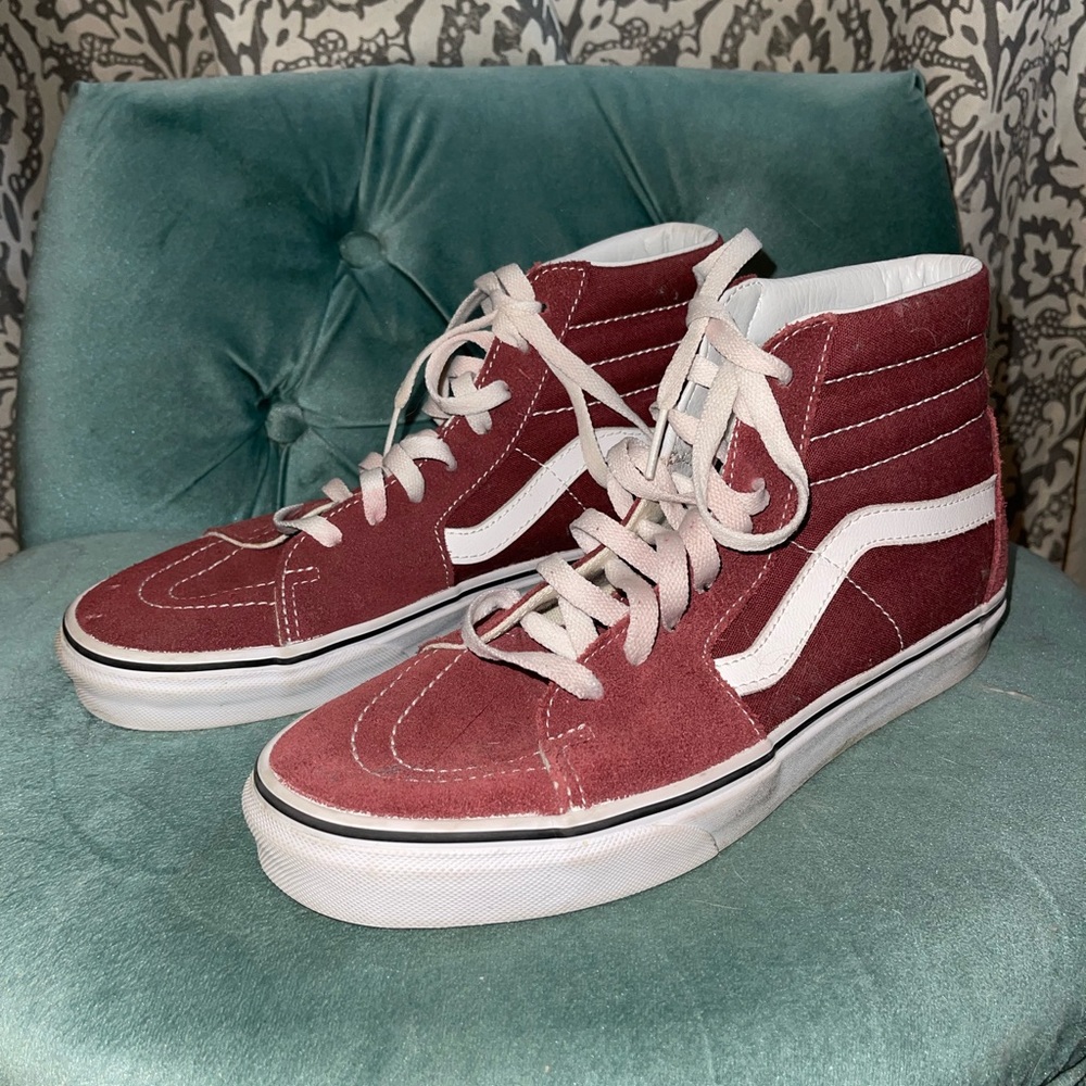 Men Vans Red Burgundy High Top Old Skool Vans, Size 7.5